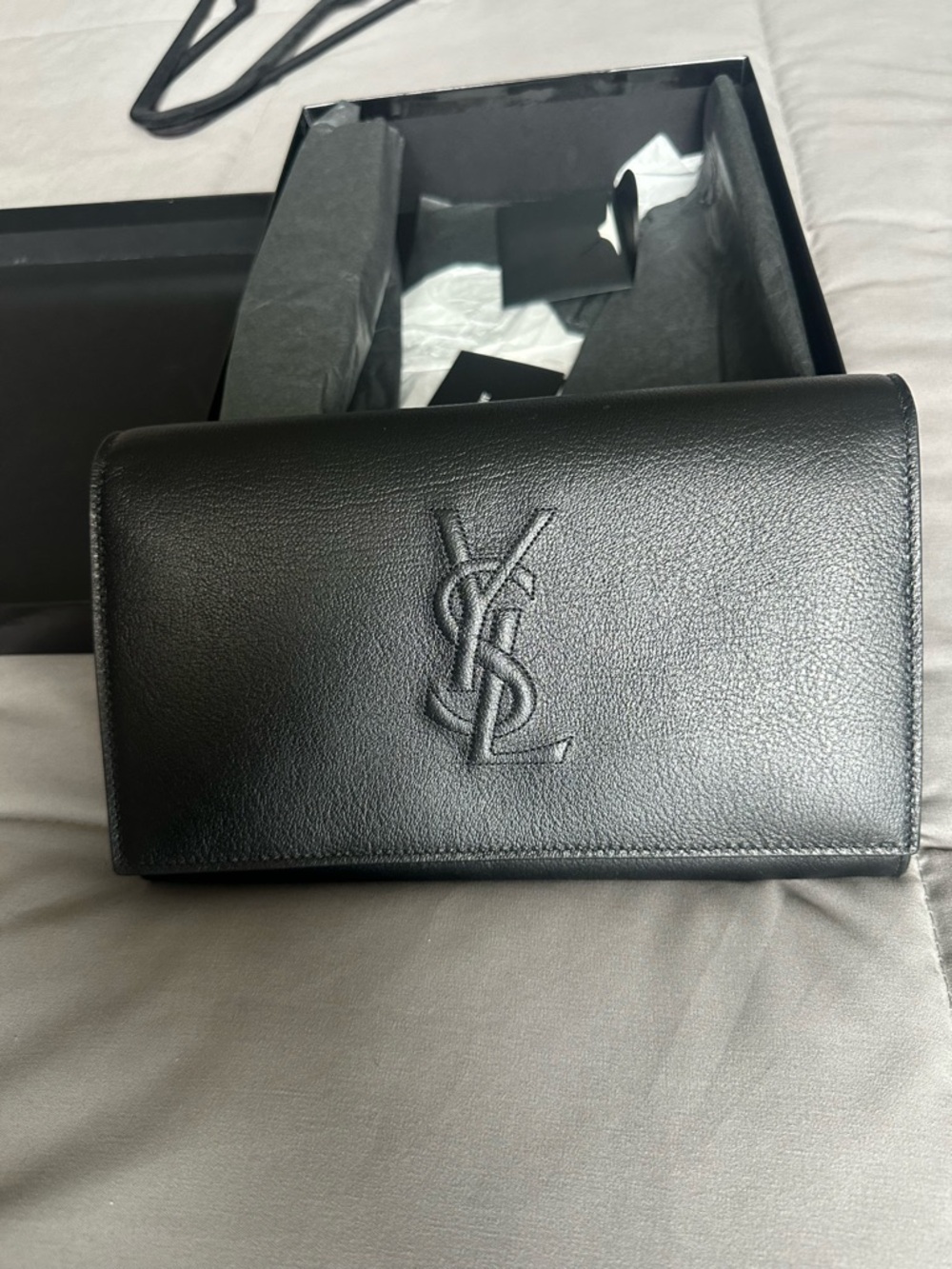 Saint Laurent Black Leather Embossed YSL Clutch obo